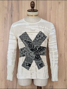 Men's Custo Barcelona Cream Mesh Knit Sweater - L/XL